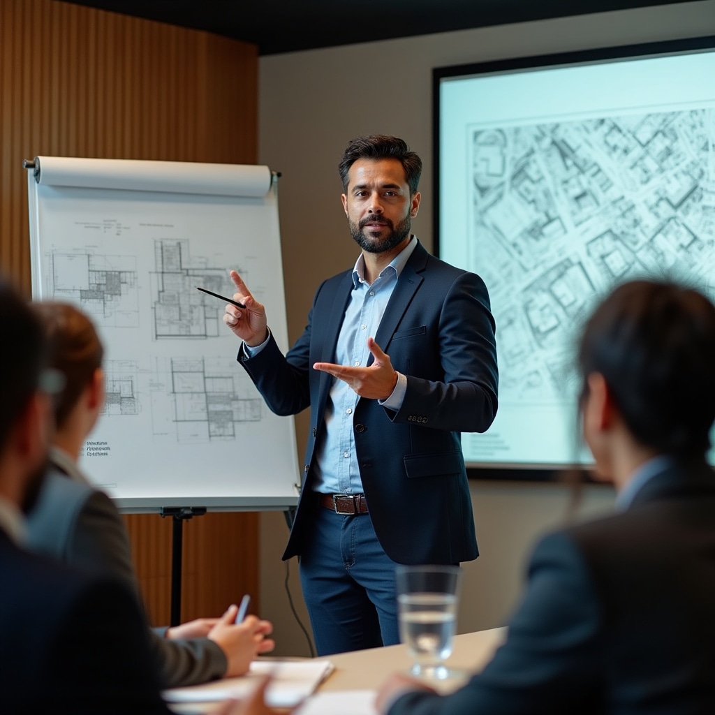 Expert presenting technical aspects of real estate development in webinar